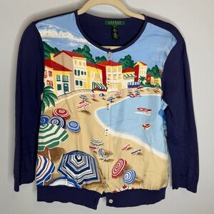 Lauren Ralph Lauren Silk front Cotton  Italian Riviera Sweater Navy Blue Sz M